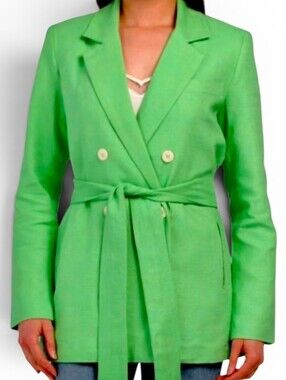 HOUSE OF HARLOW 1960 X REVOLVE Green Double Breasted Linen Belted Jacket - Large